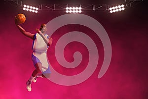 3d illustration young professional basketball player layup on dark backgrounds