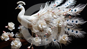 3d image of an albino white peacock with white flowers