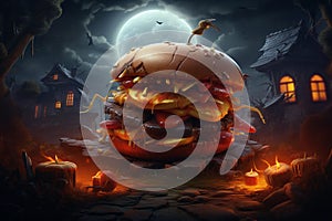 3D image of a beef hamburger with a Halloween theme photo