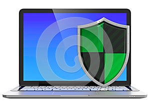 3D image of computer protection concept. Laptop with shield guard