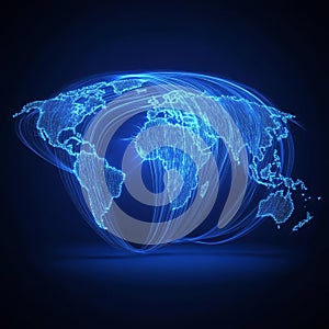 3D image concept of global communication through optical fibers in the shape of the world map.