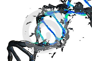 3d image: DNA molecule. collapsing. Genetic mutation and combating viruses. Science and medic concept. Destroyed structure. Nano photo