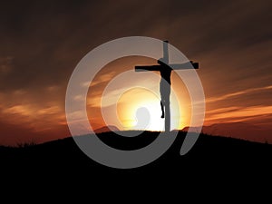 Tridimensional imagen de sobre el cruz sobre el atardecer 