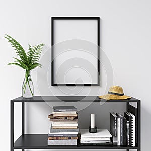 Frame Mockup on White Wall with Decorative Cabinet photo