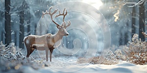 A D Image Of A Reindeer In A Snowy Forest During Christmas, Copy Space