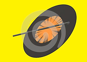 A 3D image of a turnable record player stylus player needle over a vinyl record phonograph media bright yellow backdrop