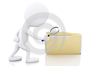 3d image. White people examines yellow folder.