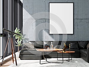 3D interior render with a stylish sofa and a blank mockup frame on the wall