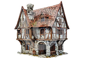 3D Isolated Medieval House Against A Transparent Background. Medieval Fantastic House Concept photo