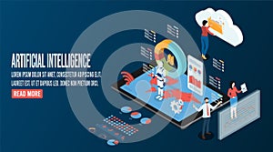 3d isometric Artificial IntelligenceAI concept with digital circuit and programmer, Machine learning, digital Brain future