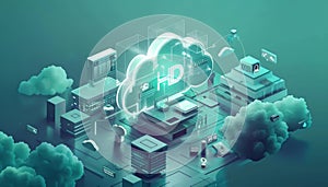 3D isometric cloud with computer chip, Concept of cloud computing and technology by AI generated image