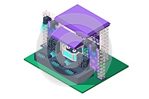 3d isometric concert stage of spotlights, acoustic speakers, music equipment.