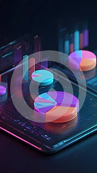 3D Isometric Data Visualization with Glowing Pie Charts and Futuristic Financial Analytics