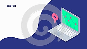 3d isometric flat laptop design. Vector notebook illustration. 3d flat location indicator.