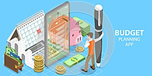 3D Isometric Flat Vector Concept of Budget Planning Mobile App.