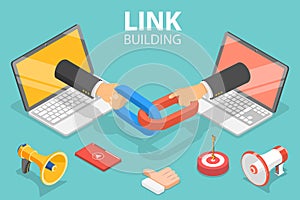 3D Isometric Flat Vector Concept of Link Building, SEO, Backlink Strategy.