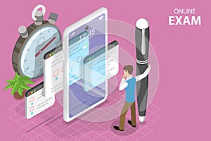 3D Isometric Flat Vector Concept of Online Exam, Questionnaire Form.