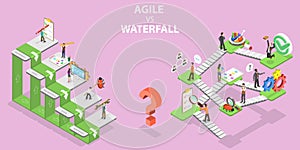 3D Isometric Flat Vector Conceptual Illustration of Agile vs Waterfall Methodologies