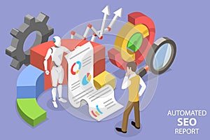 3D Isometric Flat Vector Conceptual Illustration of Automated Seo Report.