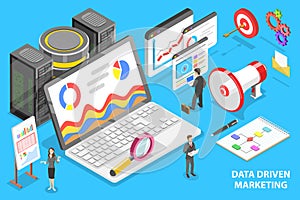 3D Isometric Flat Vector Conceptual Illustration of Data Driven Marketing.