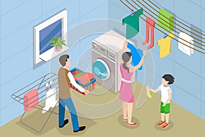 3D Isometric Flat Vector Conceptual Illustration of Family Laundry Day