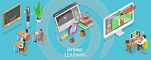 3D Isometric Flat Vector Conceptual Illustration of Hybrid or Blended Learning photo