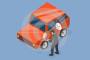 3D Isometric Flat Vector Conceptual Illustration of Malicious Car Damage