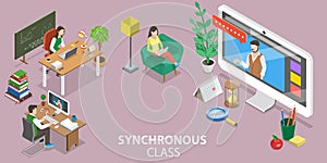 3D Isometric Flat Vector Conceptual Illustration of Synchronous Virtual Learning photo