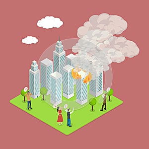 3D Isometric Flat Vector Illustration of Condo in Fire