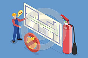 3D Isometric Flat Vector Illustration of Fire Evacuation Plan