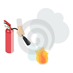 3D Isometric Flat Vector Illustration of Fire Extinguisher Use Infographics. Item 1