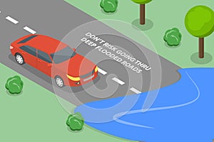 3D Isometric Flat Vector Illustration of Its Risky to Go Thrugh Flooded Road photo