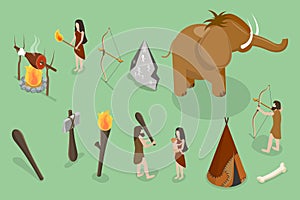 3D Isometric Flat Vector Set of Stone Age Elements