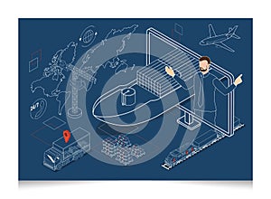 3D isometric Global logistics network concept with Transportation operation service, Supply Chain Management - SCM, Company