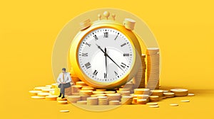 3D Isometric Illustration of a Businessman Near Money with a Clock Showing - Time is Money