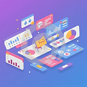 A 3D isometric illustration featuring a variety of user interface elements. These