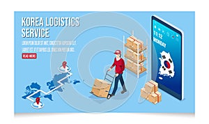 3D isometric Korea Logistics and Delivery services concept with People delivering a box to a customer at home or office. Vector