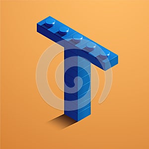3d isometric letter T of the alphabet. 3d isometric plastic letter from the constructor blocks