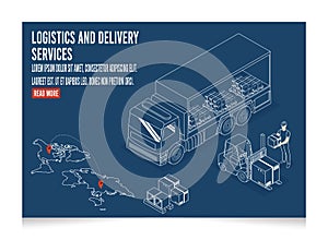 3D isometric Logistics and Delivery services concept with People delivering a box to a customer at home and office, online order