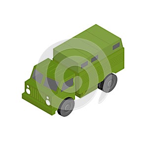 3D Isometric military truck. Green cargo vehicle. Armored toy ca