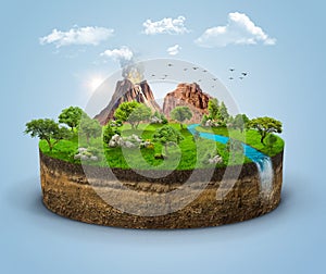 3d isometric piece forest land with trees, mountains, waterfall and green grass. 3d illustration of green fantasy forest island