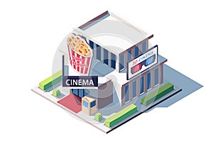 3d isometric public cinema building with popcorn.