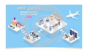 3D isometric Smart global logistics concept with Export, Import, Warehouse business, Robot tracking system and transportation photo