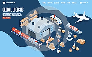 3D isometric Smart logistics concept with Warehouse Logistic, Workers loading products, transportation truck use wireless photo