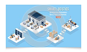 3D isometric Smart logistics concept with Warehouse Logistic, Workers loading products, transportation truck use wireless photo