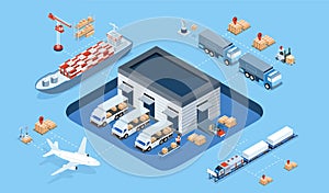 3D isometric Smart logistics concept with Warehouse Logistic, Workers loading products, transportation truck use wireless photo