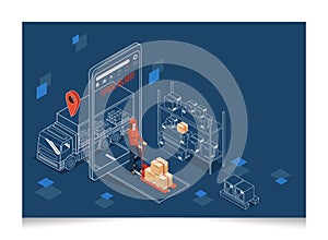 3D isometric Smart logistics concept with Warehouse Logistics and Management, Logistics solutions complete supply chain, photo