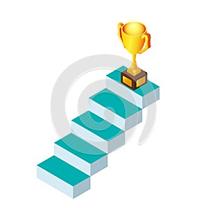 Trojrozměrný izometrický.schodiště krok na trofej a úspěch.obchod úspěch 