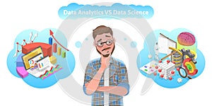 3D Isometric Vector Conceptual Illustration of Data Science vs Data Analytics.