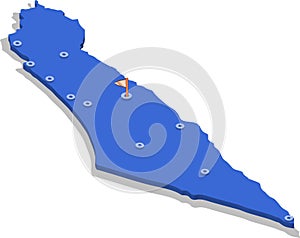 3d isometric view map of Israel with blue surface and cities.